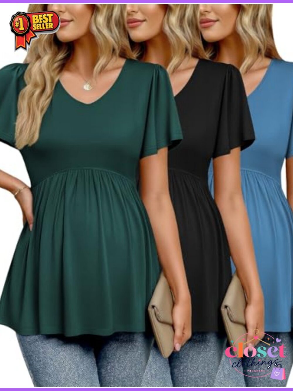 Maternity Shirts 3 Pack V-Neck Ruched Short Sleeve Pregnancy Tops